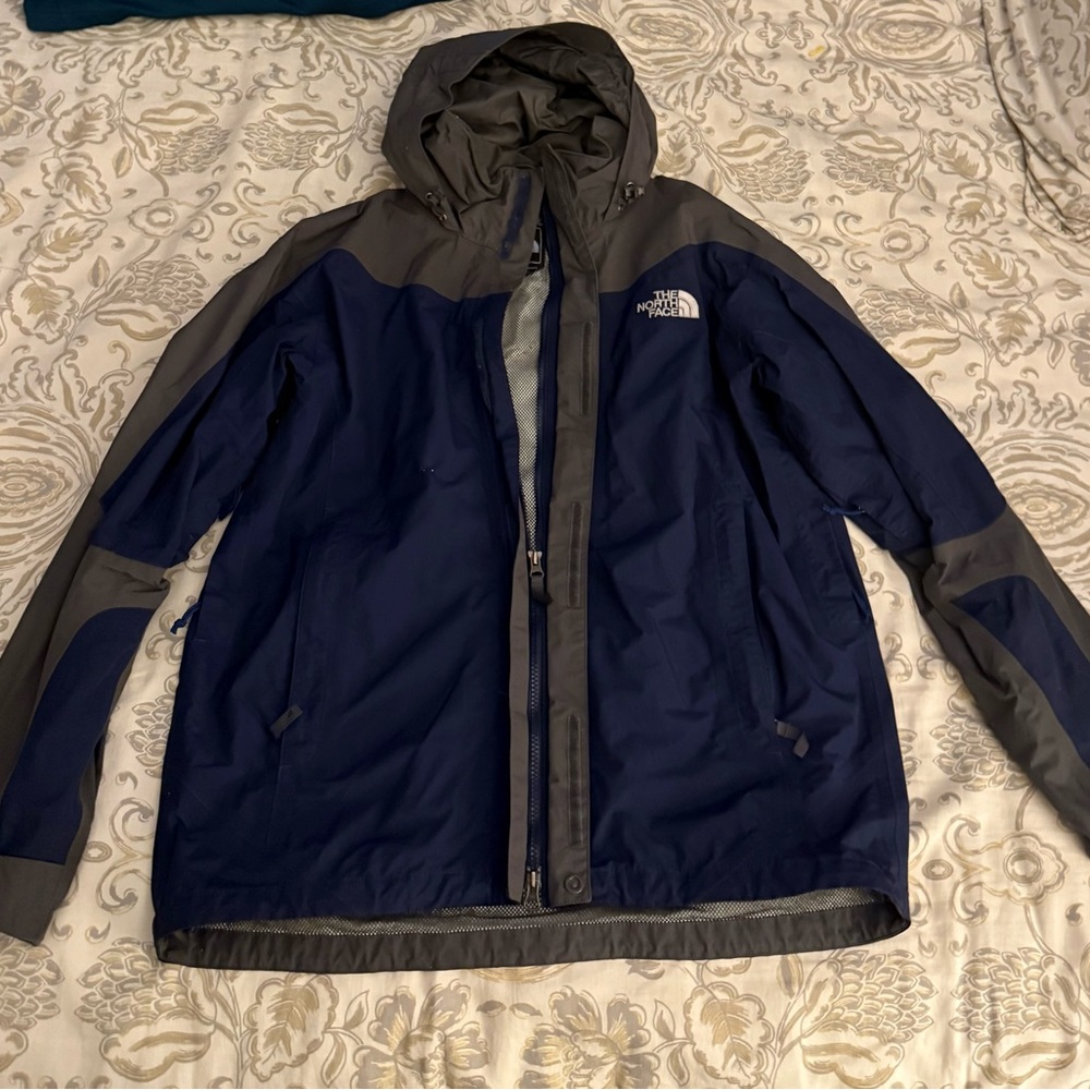 The North Face Blue and Gray Raincoat with Hood